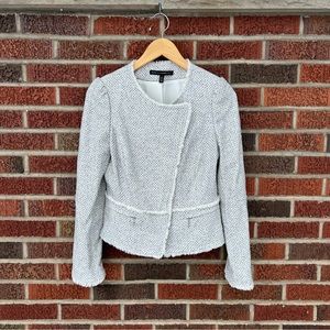 White House Black Market White and Black Fringe Trim Asymmetrical Tweed Jacket